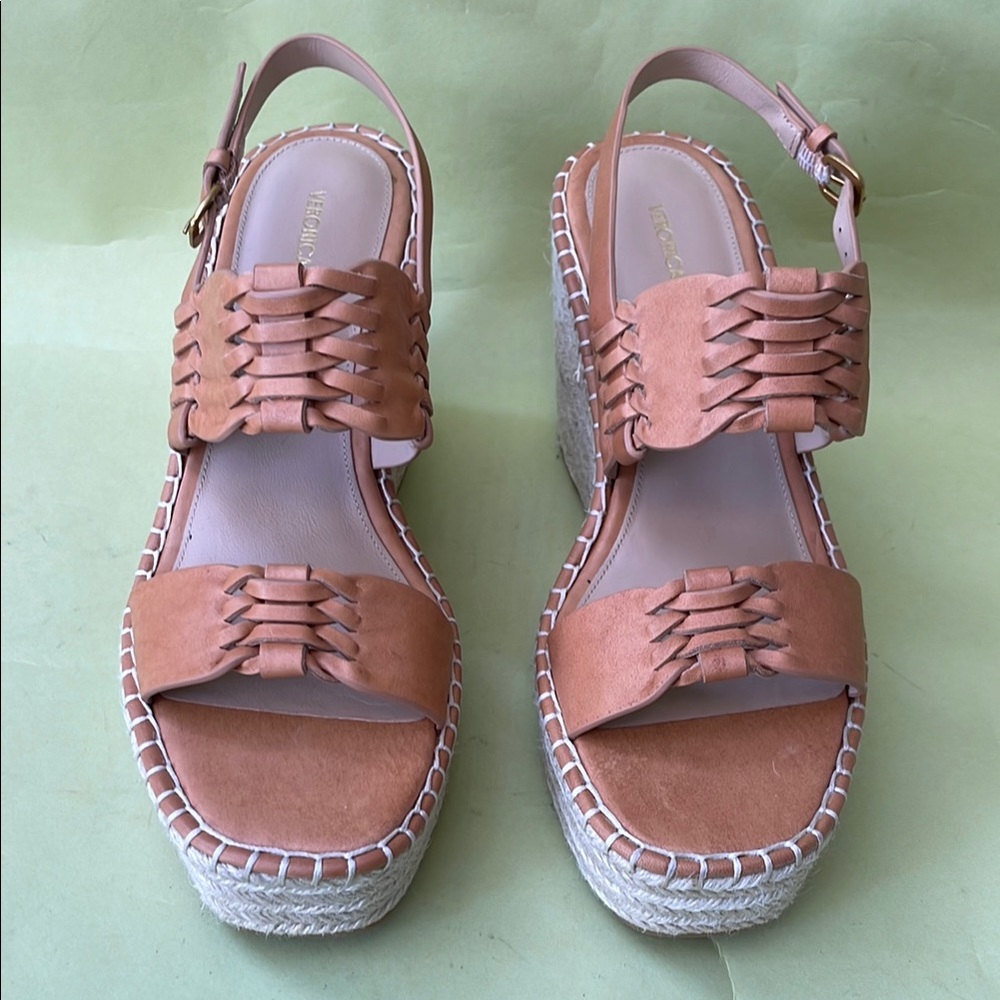 New Caramel Veronica Beard Espadrille Wedge Shoes with Leather Braided Trim